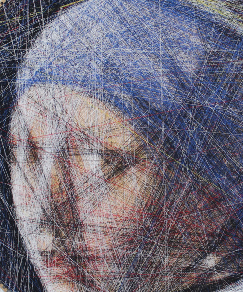 an algorithm and an artist carefully compose portraits from thousands of lines of thread