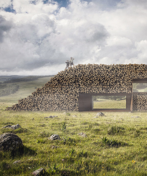 christophe benichou envisions a countryside house wrapped in a wall of logs