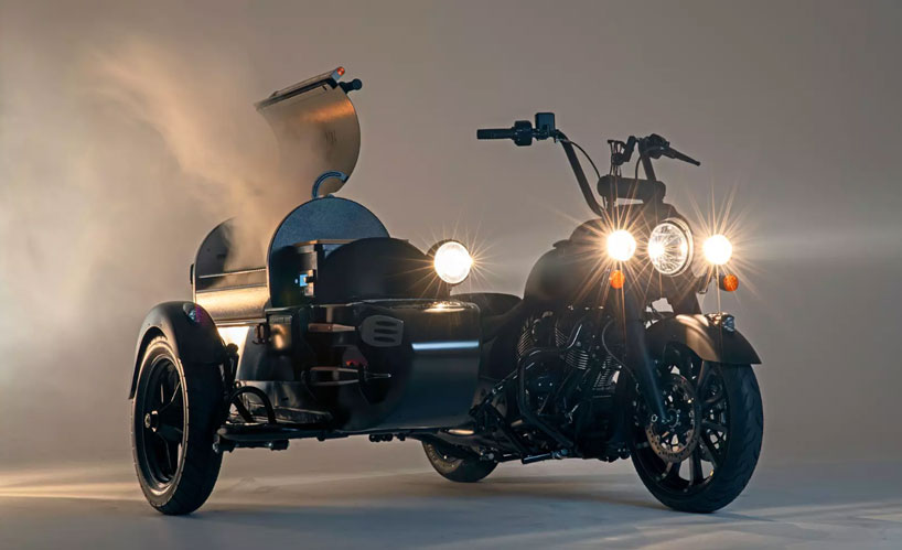 indian’s motorcycle has a built in barbecue so you can grill on the go