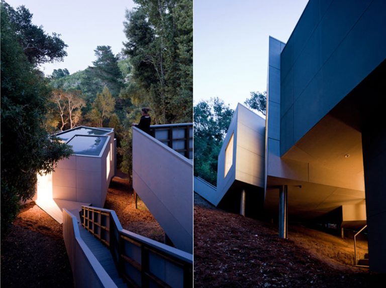 the mill valley house cascades down the side of a steep hill in california