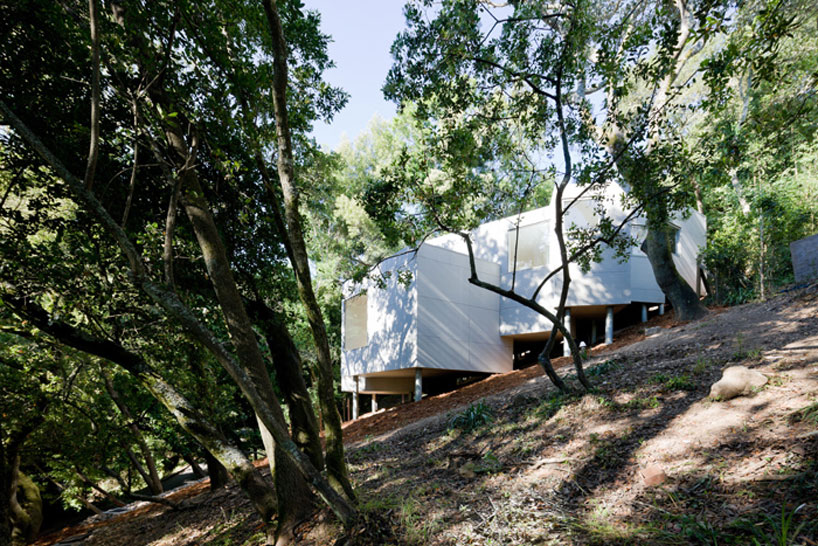 the mill valley house cascades down the side of a steep hill in california