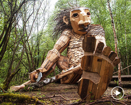thomas dambo builds 7 giant trolls made from reclaimed wood in belgian forest
