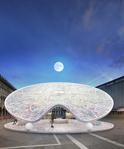 GBO's pavilion imagines scooping out plastic from the ocean with a giant dream catcher