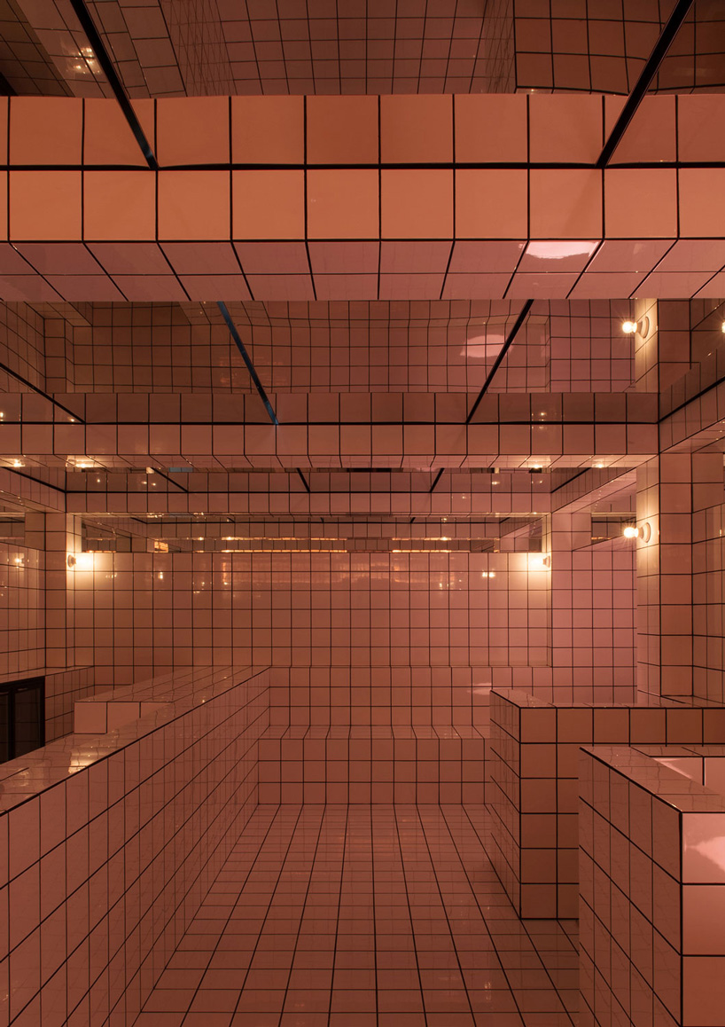 artist-designed LAX bar is built as a walk-in social sculpture of ceramic tiles, mirrors + neon