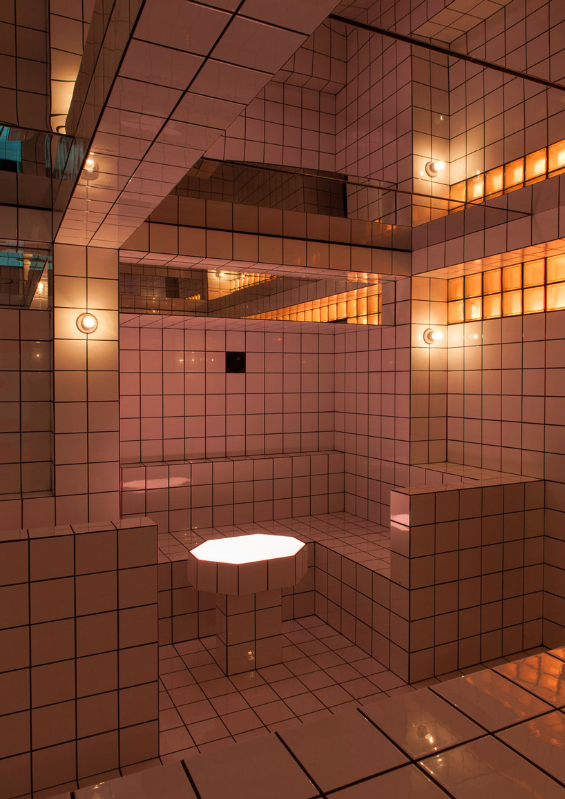 artist-designed LAX bar is built as a walk-in social sculpture of ceramic tiles, mirrors + neon