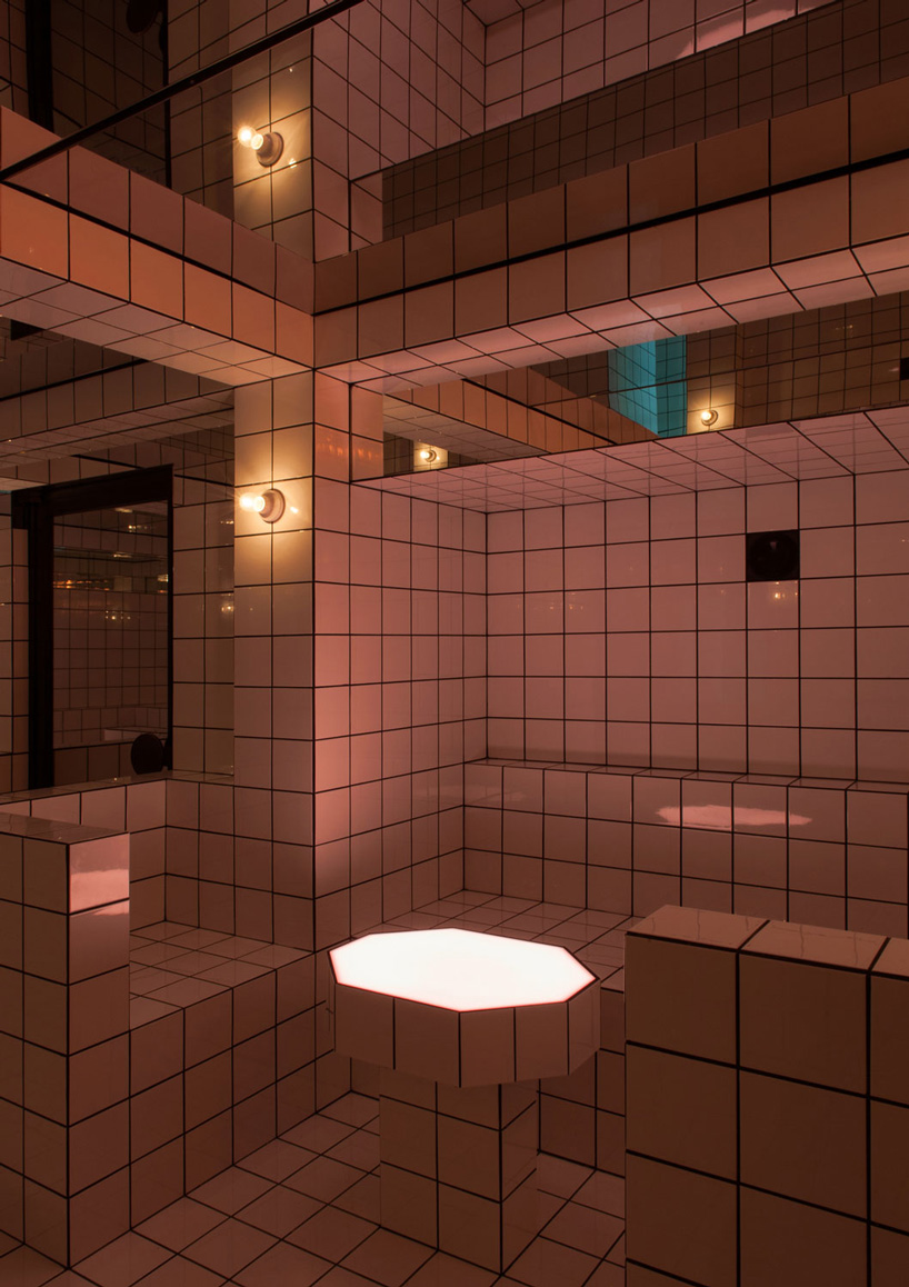 artist-designed LAX bar is built as a walk-in social sculpture of ceramic tiles, mirrors + neon