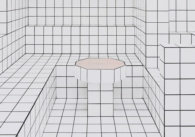 artist-designed LAX bar is built as a walk-in social sculpture of ceramic tiles, mirrors + neon