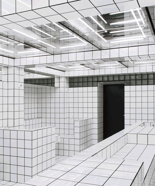 artist-designed LAX bar is built as a walk-in social sculpture of ceramic tiles, mirrors + neon