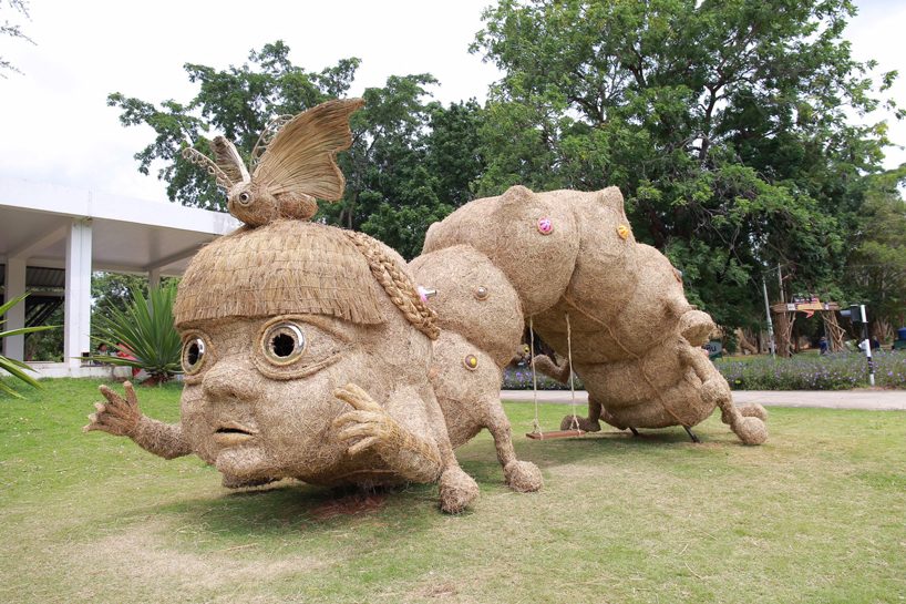 students craft giant animal sculptures from straw for thailand biennale korat 2020 designboom