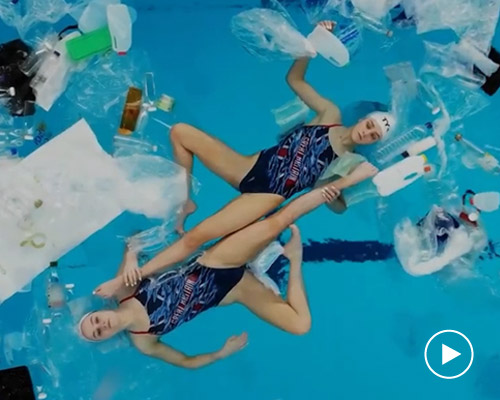 synchronized swimmers in a pool full of rubbish raise awareness of plastic pollution 