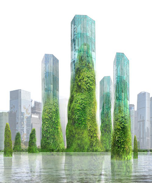 XTU architects proposes green covered towers in the bay of shenzhen, china