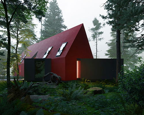 minimal carmine house introduces vibrant red geometry to forests of washington