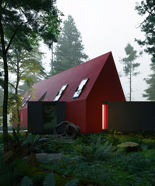 minimal carmine house introduces vibrant red geometry to forests of washington