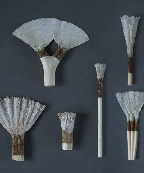 chialing chang uses flattened tree bark and barkcloth to create shelves, fans and brooms