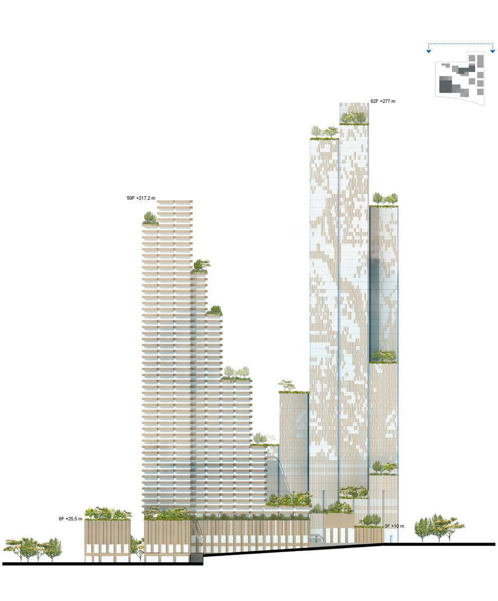 mecanoo proposes konka mixed-use complex clad in perforated copper + glass in shenzhen