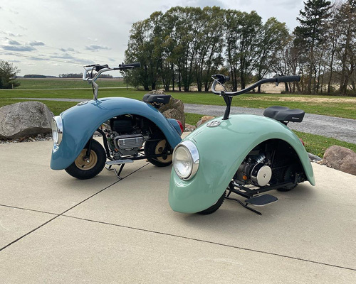 an original volkswagen beetle was taken apart to create these mini bikes