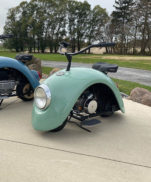 an original volkswagen beetle was taken apart to create these mini bikes