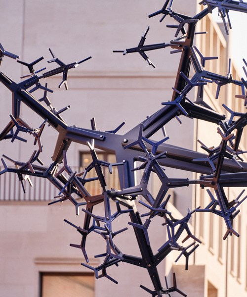 bicameral by conrad shawcross is an 8 meter-tall sculpture with no welded parts