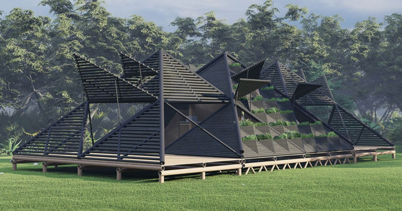 bamboo shelter retracts like a turtle to combat extreme weather in the philippines