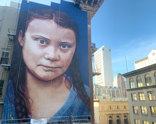a giant mural of greta thunberg has been unveiled in san francisco