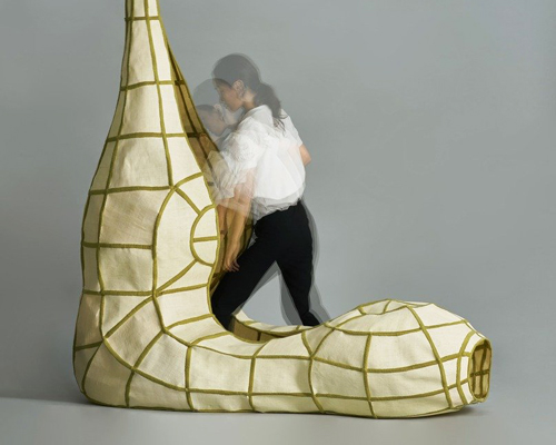hye seomoon creates an embryo-like 'cradle for adults' from hemp cloth and wool string
