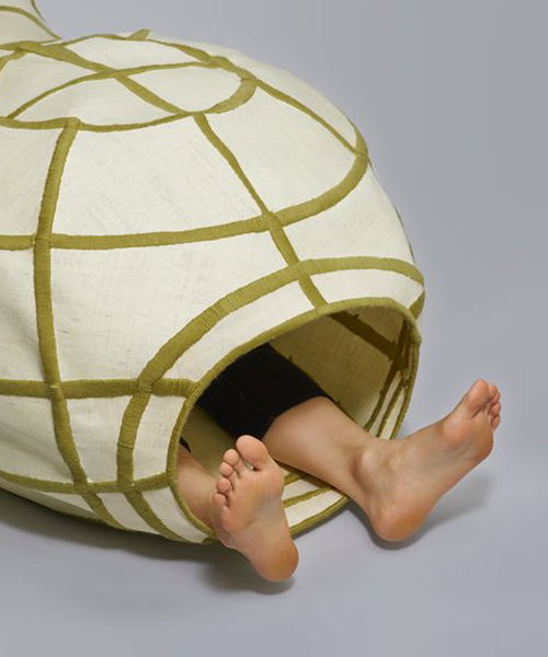 hye seomoon creates an embryo-like 'cradle for adults' from hemp cloth and wool string