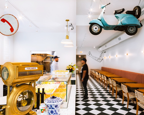 siren betty design suspends a teal blue vespa in chicago's tortello pasta shop
