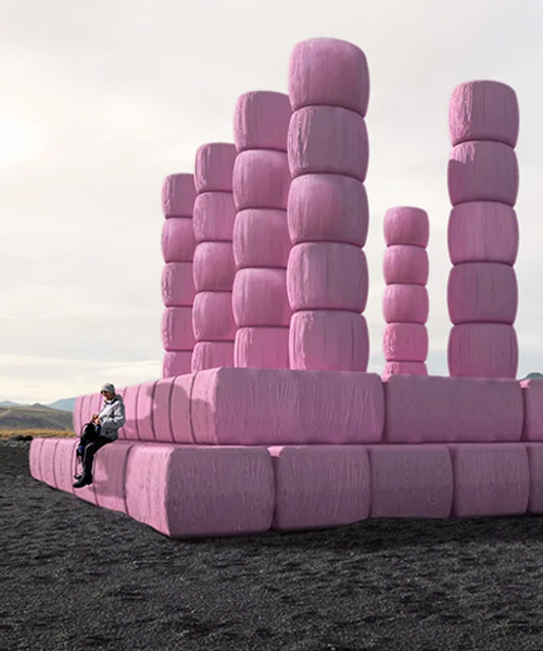 tobia zambotti stacks pink hay bales in rural iceland to raise awareness of breast cancer