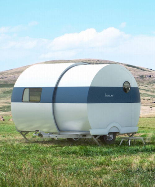 the beauer camper is a tiny can-shaped trailer that expands to twice its size