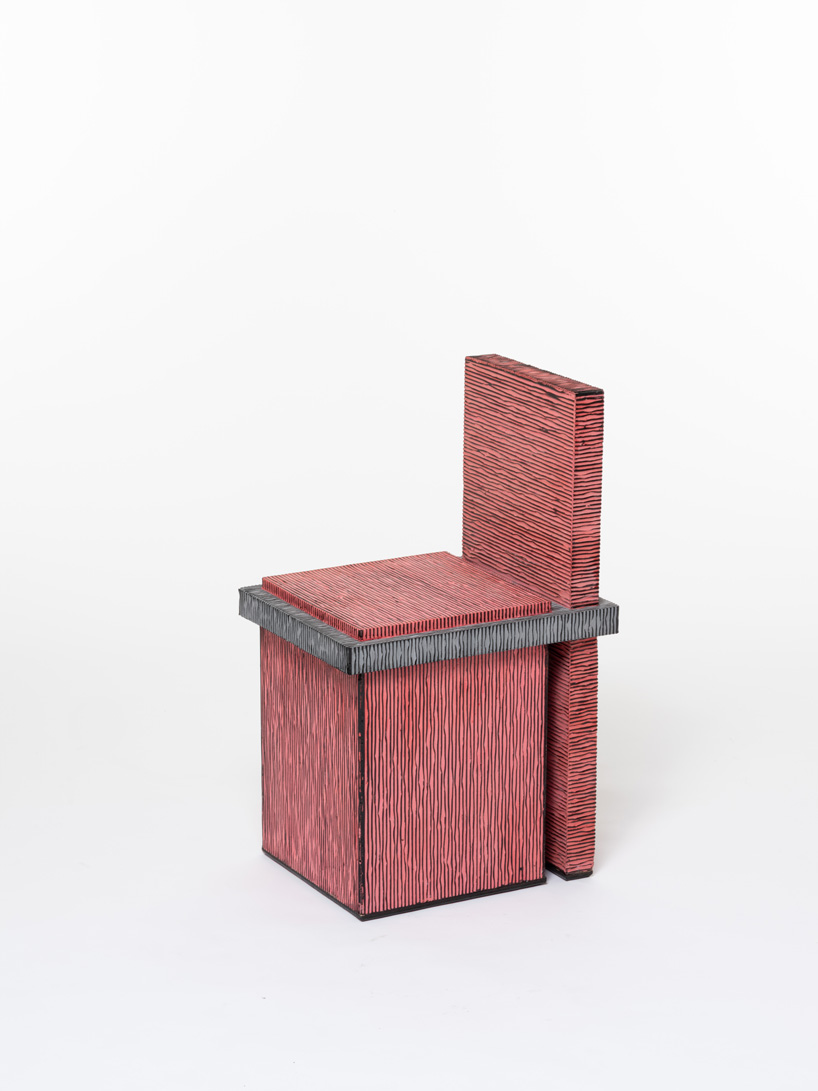 chiho cheon lacquers corrugated cardboard to create pleated furniture