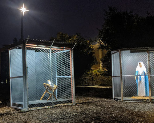 church's nativity scene depicts jesus, mary and joseph as caged family separated at border