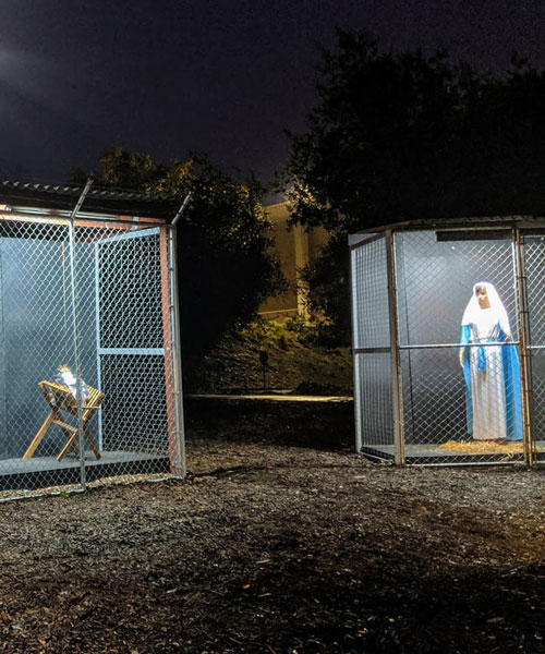 church's nativity scene depicts jesus, mary and joseph as caged family separated at border