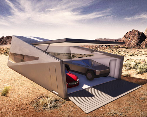 the cybunker is an off-grid shelter garage designed to house tesla's cybertruck