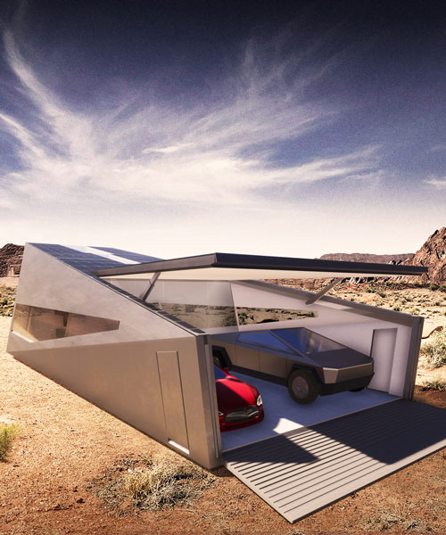 the cybunker is an off-grid shelter garage designed to house tesla's cybertruck
