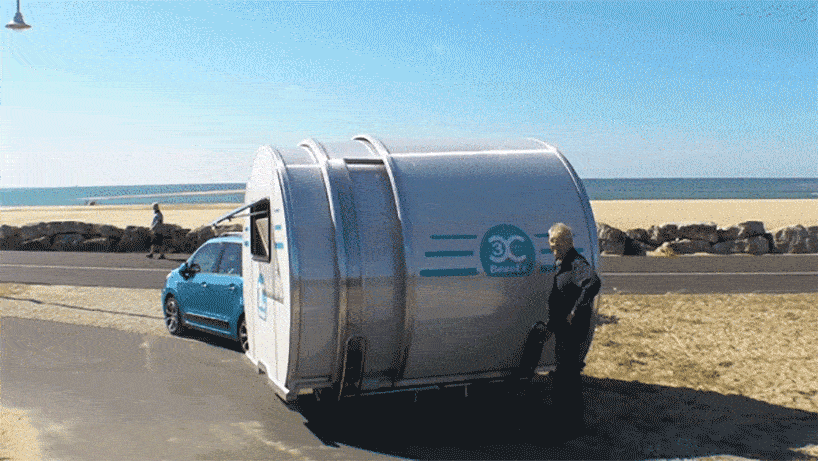 the beauer camper is a tiny can-shaped trailer that expands to twice its size