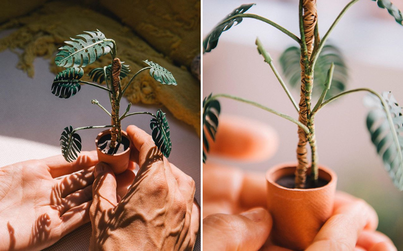raya sader bujana intricately crafts tiny houseplants and woven baskets from paper