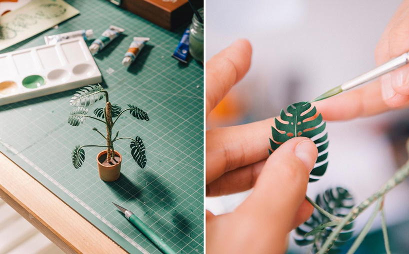 raya sader bujana intricately crafts tiny houseplants and woven baskets from paper