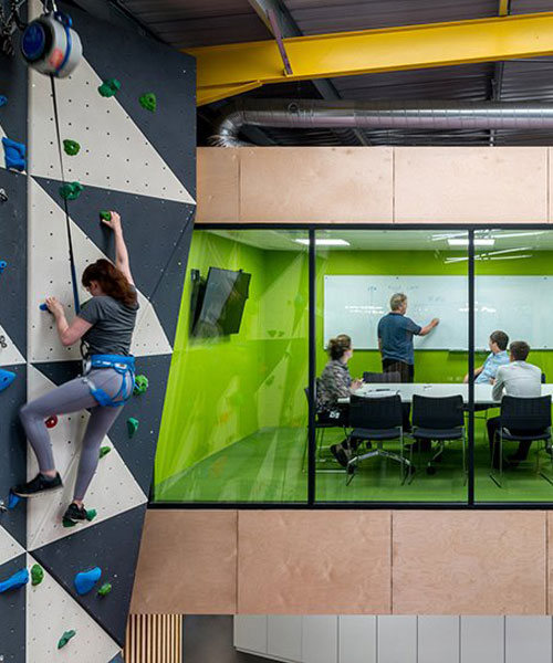 WMB studio completes a robotics company's office with a climbing wall in cambridge