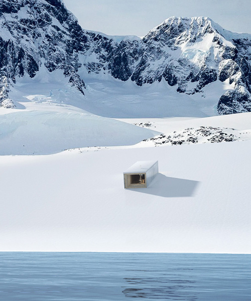 christophe benichou's sliding shelter appears to descend towards an icy lake