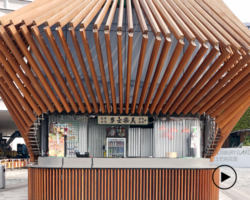 LAAB's kinetic 'harbour kiosk' in hong hong opens + closes using robotic timber fins