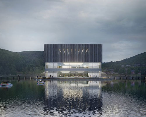 space travellers architects insert semi-transparent civic center amidst a norwegian lake