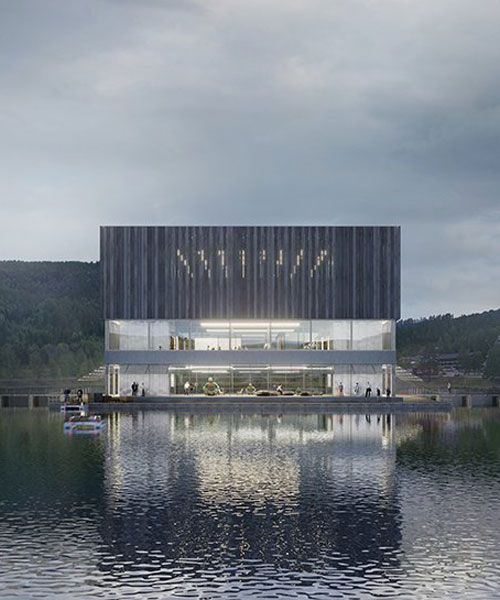 space travellers architects insert semi-transparent civic center amidst a norwegian lake