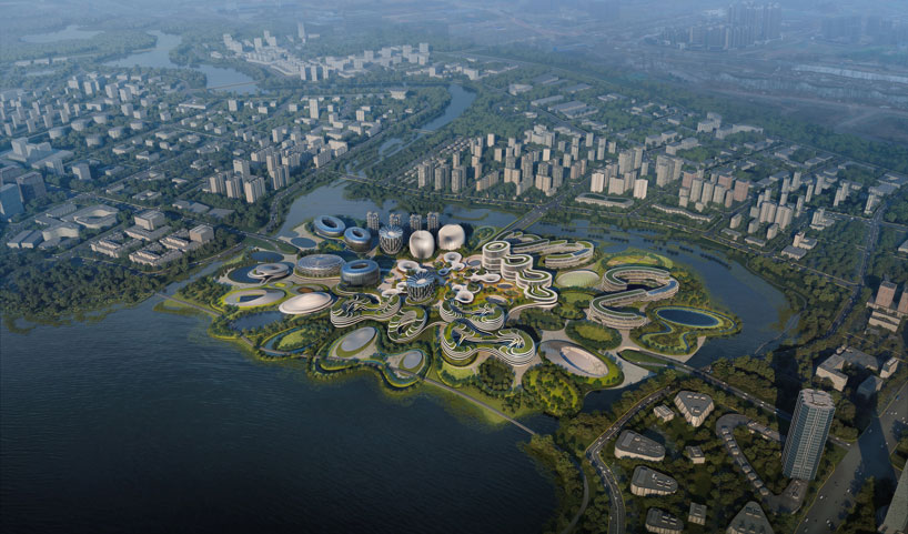 the first building of zaha hadid's 'unicorn island' nears completion in chengdu, china designboom