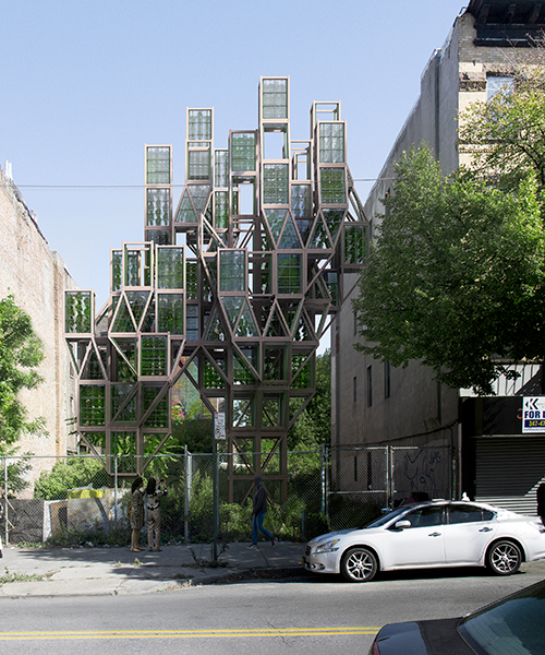 a tree assembles in brooklyn with framlab's modular vertical farming system 'glasir'