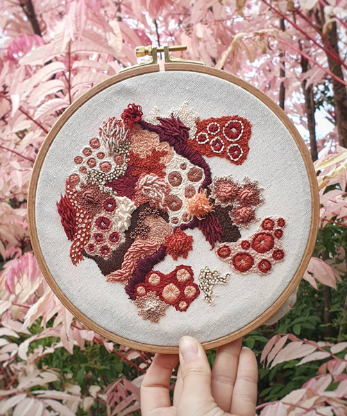 hannah kwasnycia stitches moss, lichen and coral reef embroidery hoops