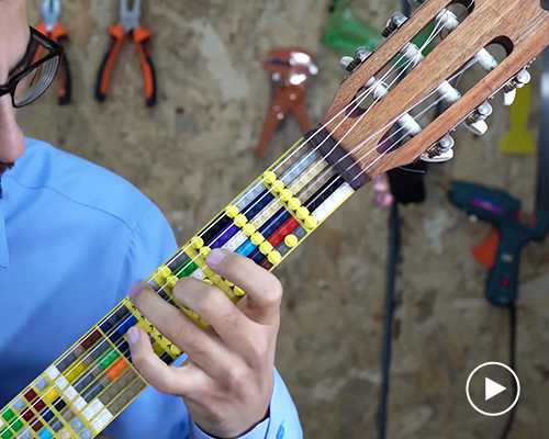 musician designs microtonal guitar with LEGO built fretboard
