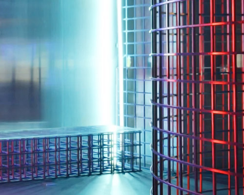 looklen architects builds a colored steel grid system to decorate gym in bangkok