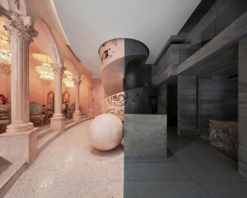 a balance of soft pink and austere black adorns 'la moitié' fashion store in china