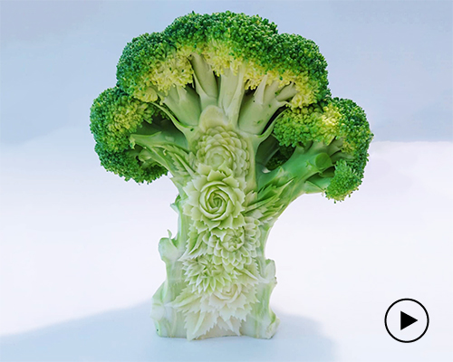 takehiro kishimoto hand-carves intricate patterns into fruit and vegetables