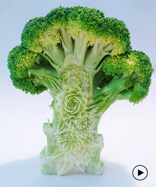 takehiro kishimoto hand-carves intricate patterns into fruit and vegetables